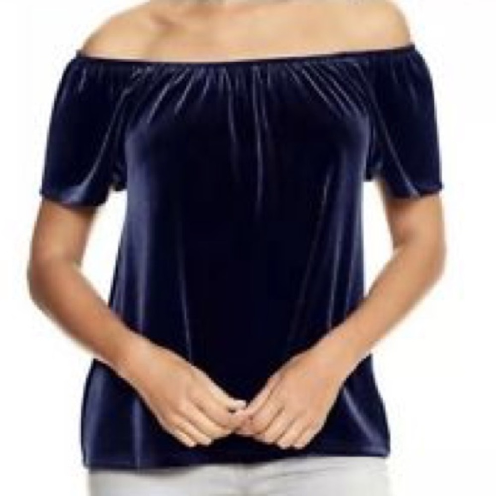 Navy Blue Velvet Off The Shoulder Top